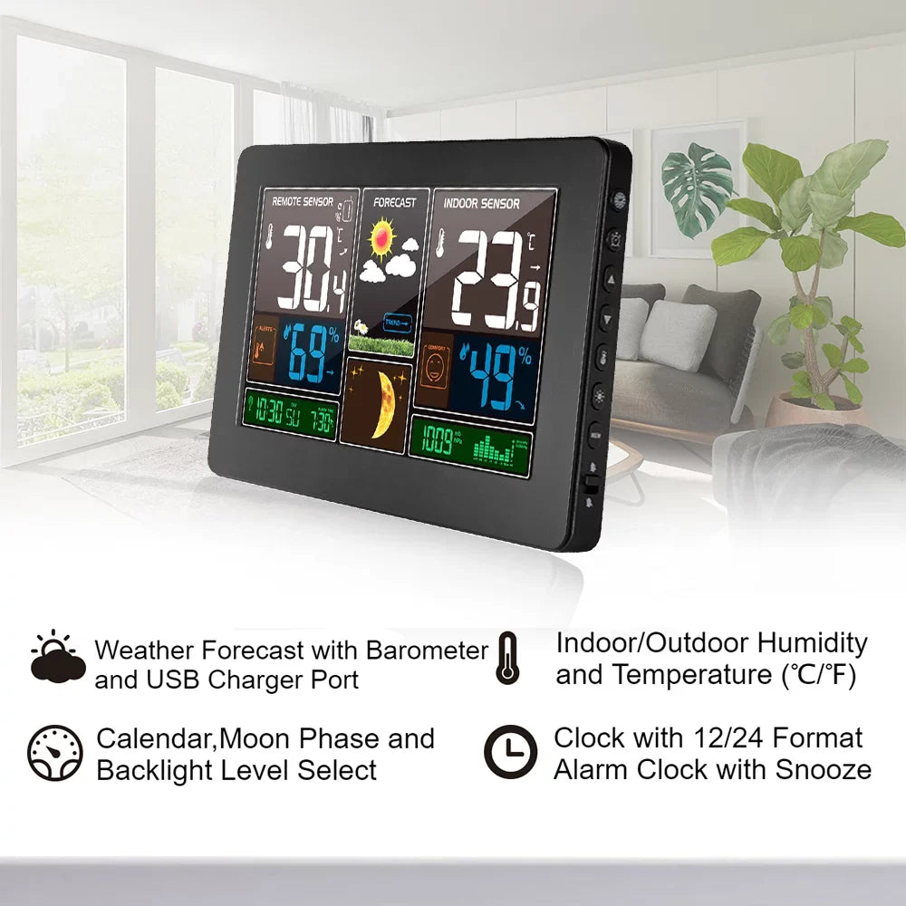 Wireless Weather Station Indoor Outdoor 3-in-1 Weather Thermometer Hygrometer Barometer USB Powered Room Temperature Monitor Battery Operated Humidity Meter Air Pressure Gauge with Sensor Fo