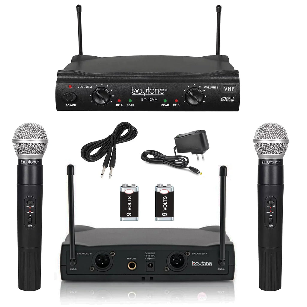 Boytone BT-42VM Dual Channel Wireless Microphone System - VHF Fixed Dual Frequency Wireless Mic Receiver, 2 Handheld Dynamic Transmitter Mics, for Karaoke, DJ, Church, Conference, Carrying Cases