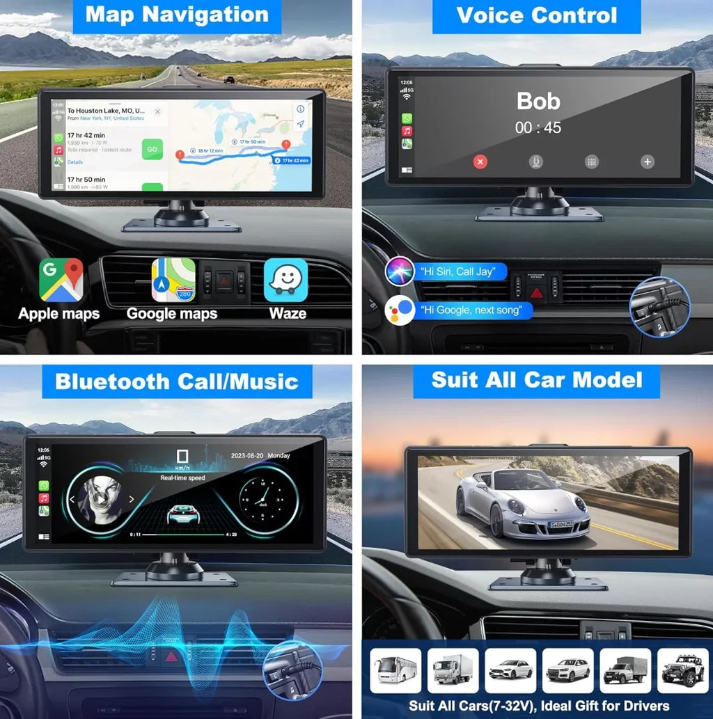 Portable Wireless Carplay& Android Auto Car Screen,10.26 Unit IPS Touchscreen with 4K Dashcam and HD Back-up Camera Support Bluetooth/Siri/Google/GPS/Mirror-Link