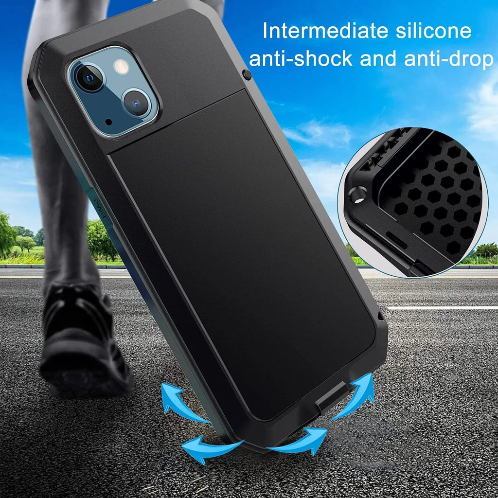 Gorilla Glass Aluminum Metal iPhone 15 Case Midnight Heavy Duty Military Grade Shockproof and Scratch Resistant Protection, Rugged Outdoor Travel