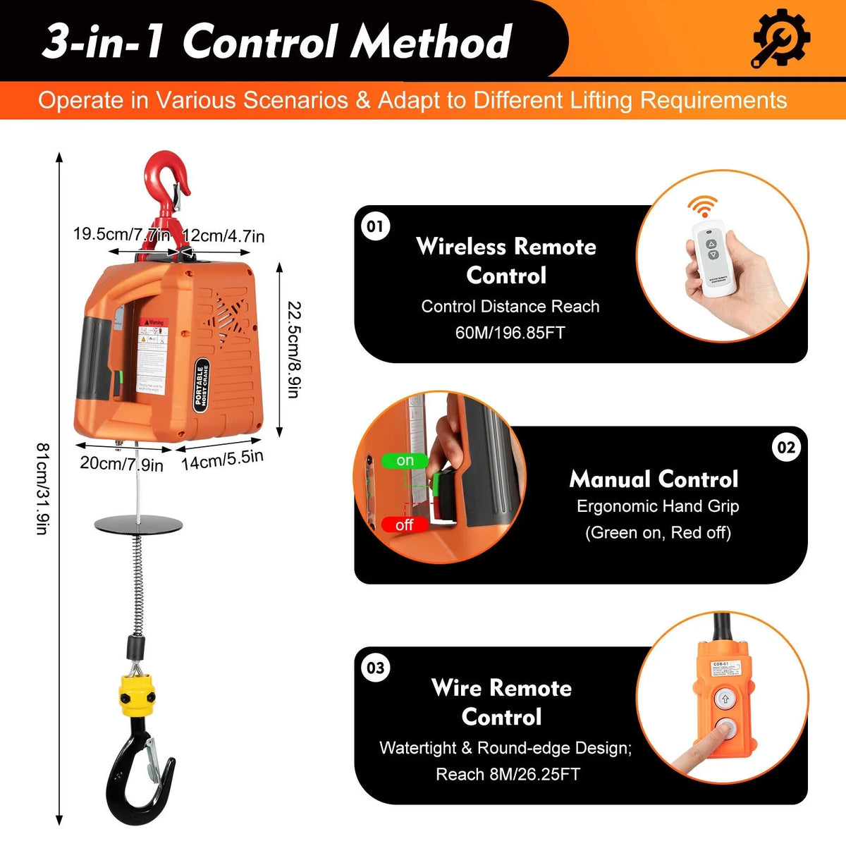 Portable 3-in-1 Electric Inch 300kg/660 lbs Hoist Unit Crane Lift W/ Remote