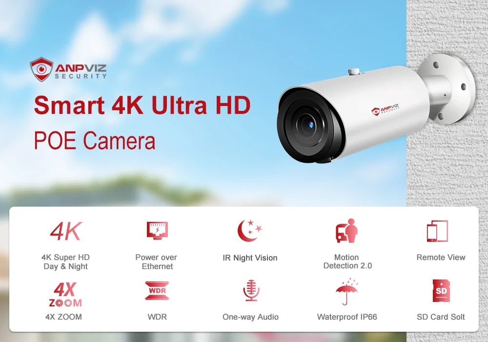 ANPVIZ 8MP Bullet Camera 4X Zoom Camera Support Human Vehicle Detection 30M IR Distance Built in Mic H.265 IP66