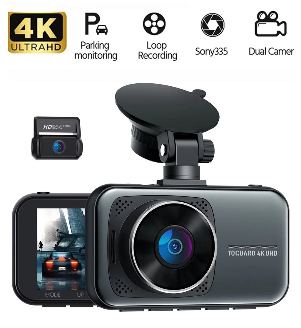 Toguard 4K Dash Cam Front and Rear Dual Dash Camera Centimeter LCD WDR Car Camera with Parking Monitor, Loop Recording, G-Sensor Function, Motion Detection, Built-in Battery