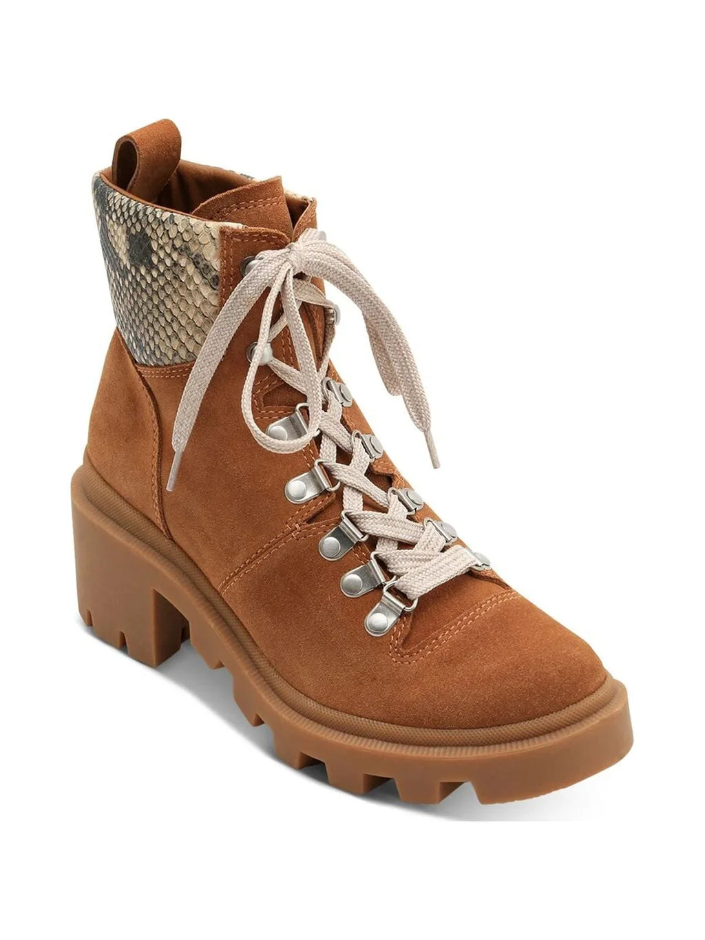 DOLCE VITA Womens Brown Snake 1" Platform Comfort Lug Sole Rubi Round Toe Block Heel Lace-Up Leather Hiking Boots 6