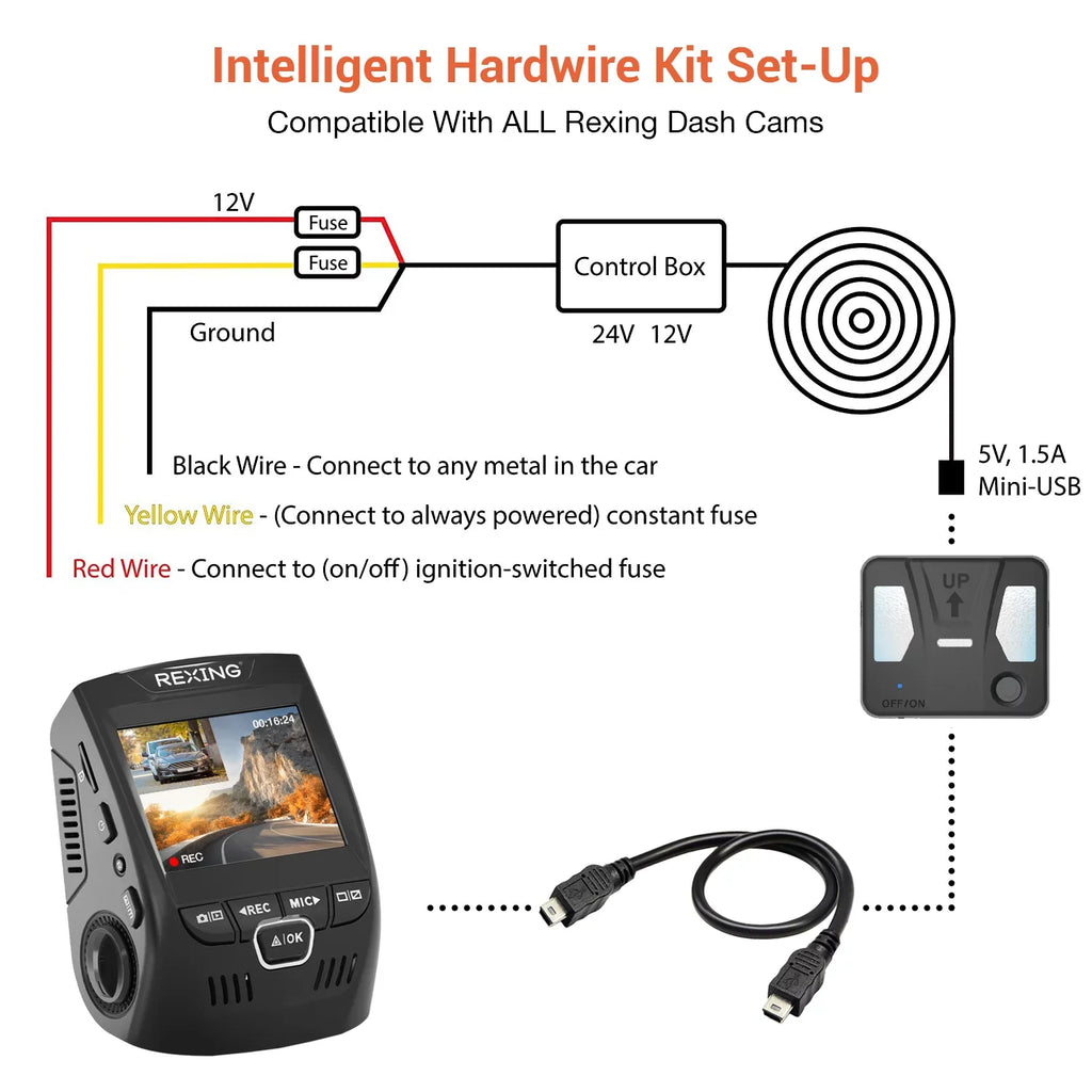 Rexing Intelligent Hardwire Kit Mini-USB Port for All Rexing Dash Cam Models