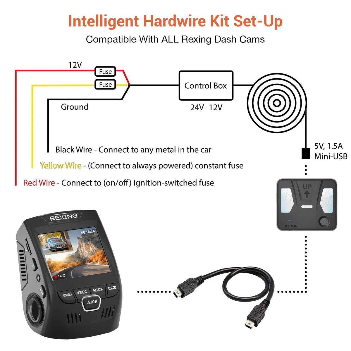 Rexing Intelligent Hardwire Kit Mini-USB Port for All Rexing Dash Cam Models
