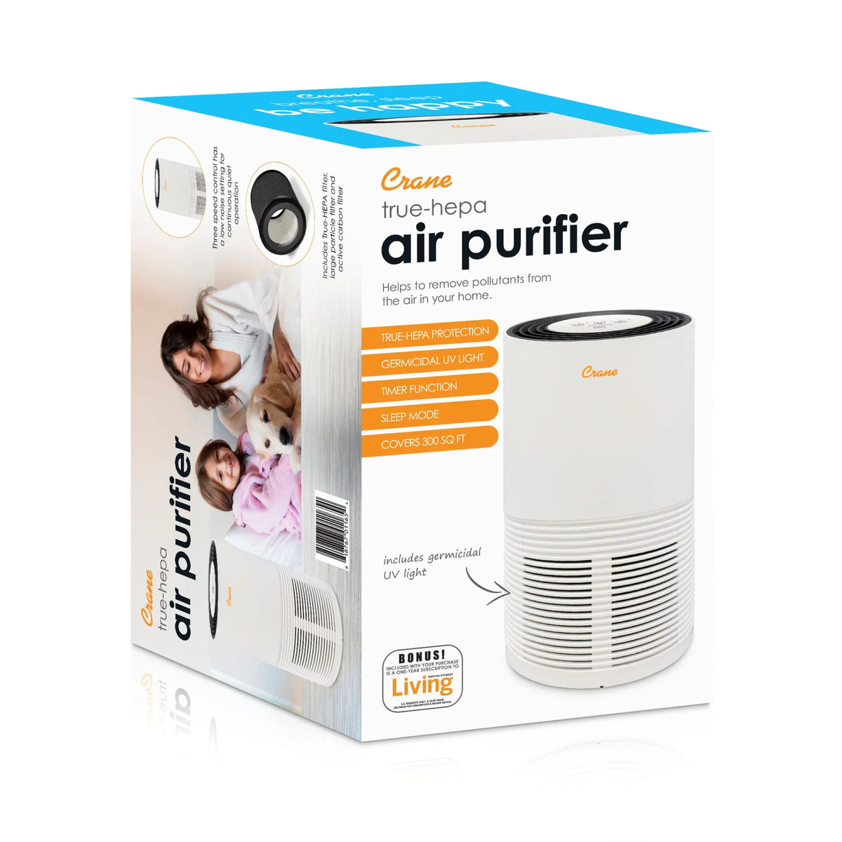Crane - USA True HEPA Tower Air Purifier with UV Light, 300 Sq feet Coverage, White