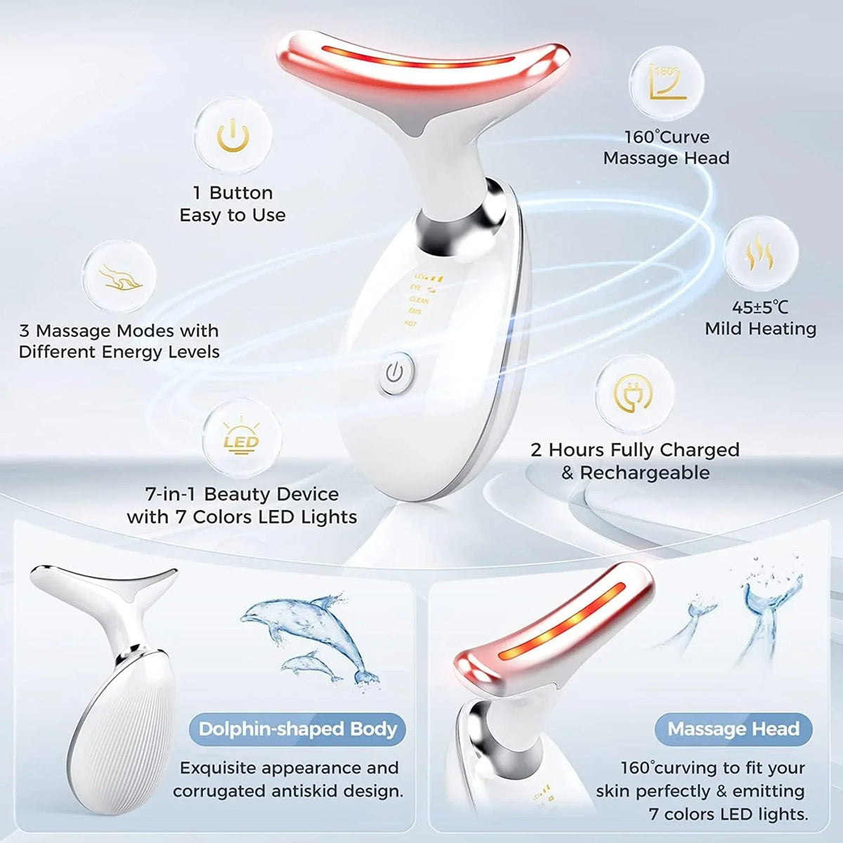 Red Therapy for Face, 7 Color Face Skin Rejuvenation for Face & Neck Beauty Device, Deplux Neck Tightening Device, Glossy White