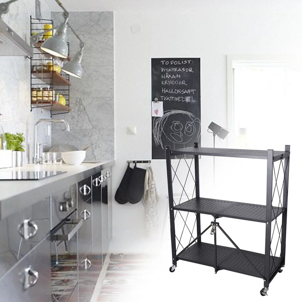 Miumaeov 3-Tier Kitchen Foldable Metal Rolling Trolley Cart Movable Utility Rack Storage Shelves Holder with Wheel Midnight