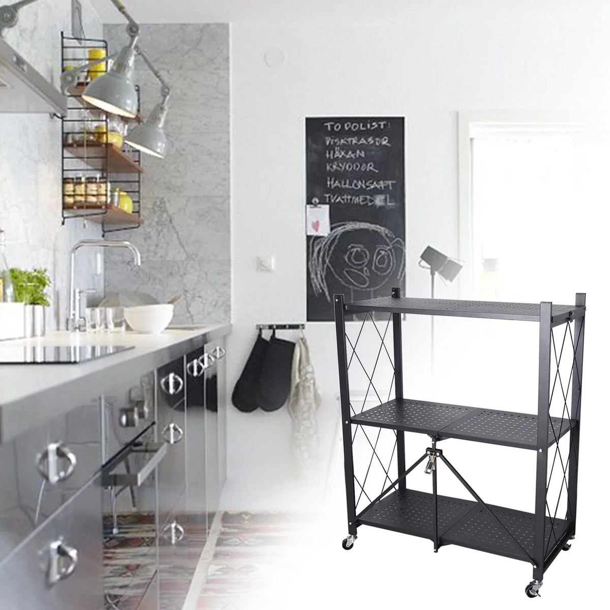 Miumaeov 3-Tier Kitchen Foldable Metal Rolling Trolley Cart Movable Utility Rack Storage Shelves Holder with Wheel Midnight