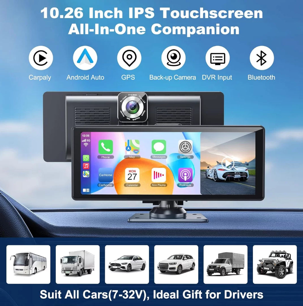 Portable Wireless Carplay& Android Auto Car Screen,10.26 Unit IPS Touchscreen with 4K Dashcam and HD Back-up Camera Support Bluetooth/Siri/Google/GPS/Mirror-Link