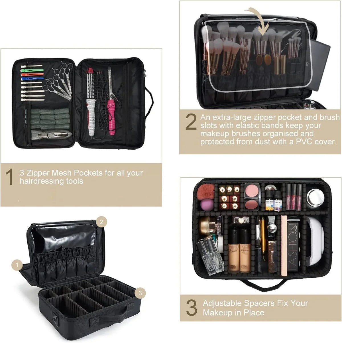 Extra Large Travel Makeup Bag Cosmetic Case Organizer Beauty Train Case with Shoulder Strap and Dividers Compartment, Dark