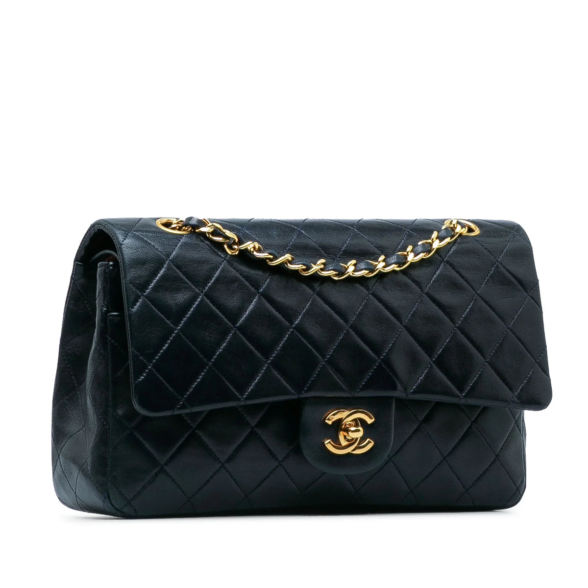Pre-Owned Authenticated Chanel Medium Classic Lambskin Double Flap Leather Blue Shoulder Bag Unisex (Good)
