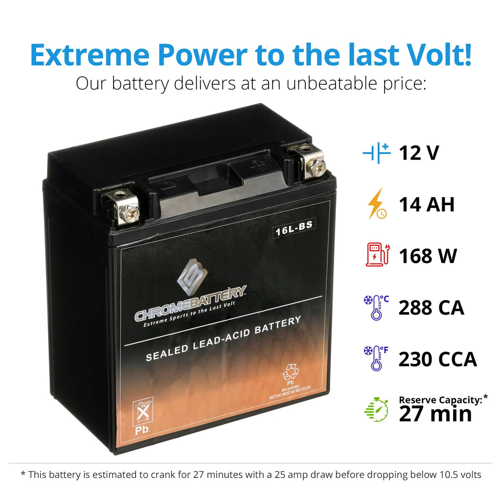 Chrome Battery YTX16L-BS (16L-BS 12 Volt,14 Ah, 230 CCA) Jet Ski Battery for Kawasaki 650cc Jf650 X2 1988