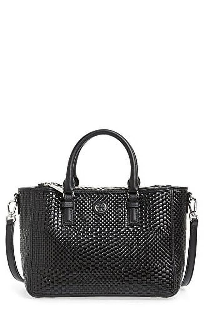 Tory Burch Robinson Double Zip Woven Leather Multi Tote Dark Leather Bag