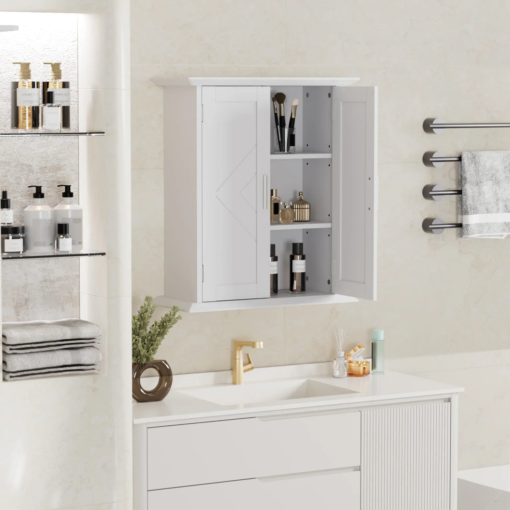 VECELO Bathroom Wall Cabinet, Wooden Hanging Storage Cabinet with 2 Door and Adjustable Shelves, Multipurpose Storage Cabinet for Bathroom Kitchen Living Room, White