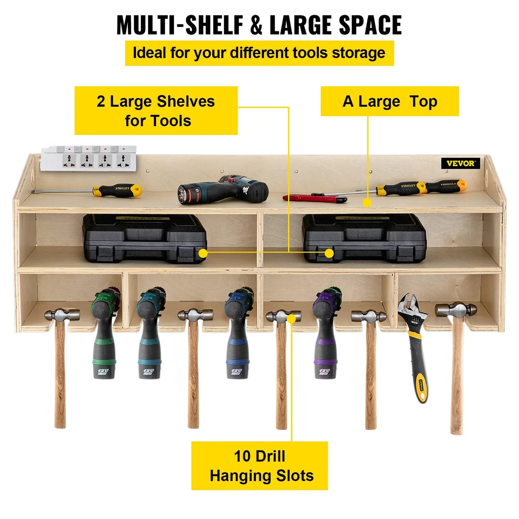 BENTISM Power Tool Organizer Drill Wall Tool Holder 10 Slots 2-shelf Wall Mounted