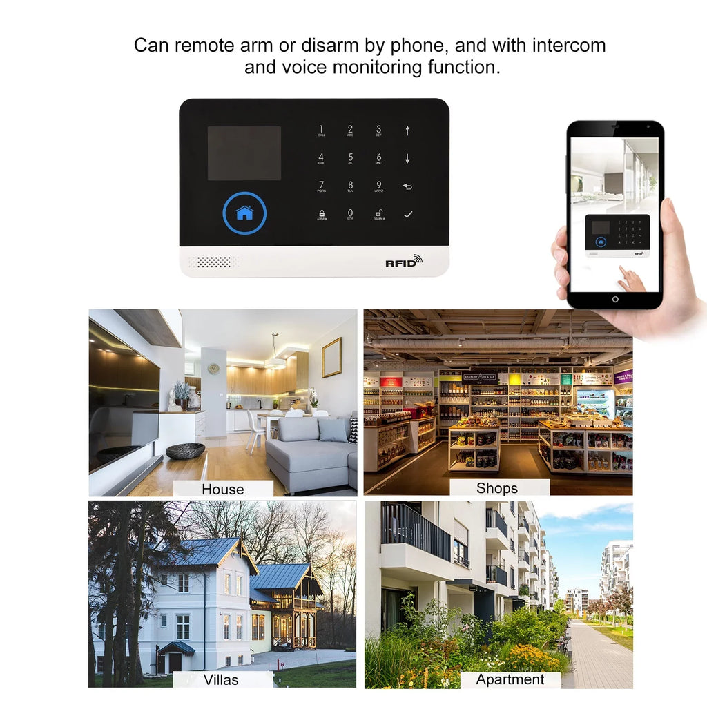 433MHz Wireless WIFI + GSM Auto-dial Alarm System LCD Display Door Sensor PIR Motion Sensor Phone APP Remote Control Compatible with Home Voice Control Smart Home Burglar Alarm System