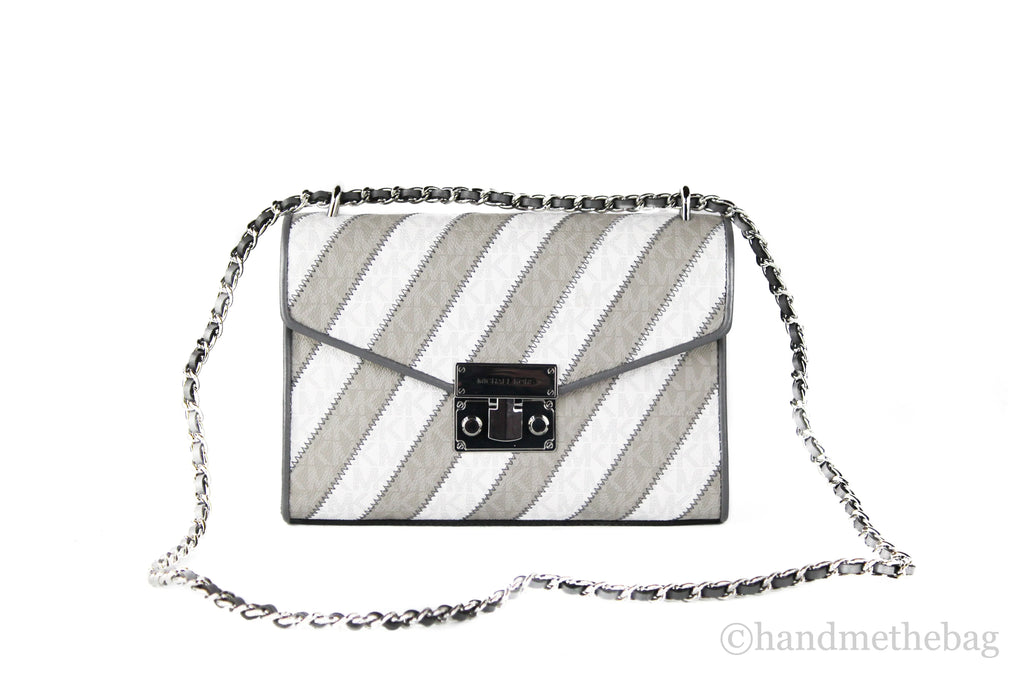 Michael Kors Rose Pearl Grey Striped Signature Polyvinyl Medium Flap Shoulder Handbag
