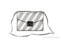 Michael Kors Rose Pearl Grey Striped Signature Polyvinyl Medium Flap Shoulder Handbag