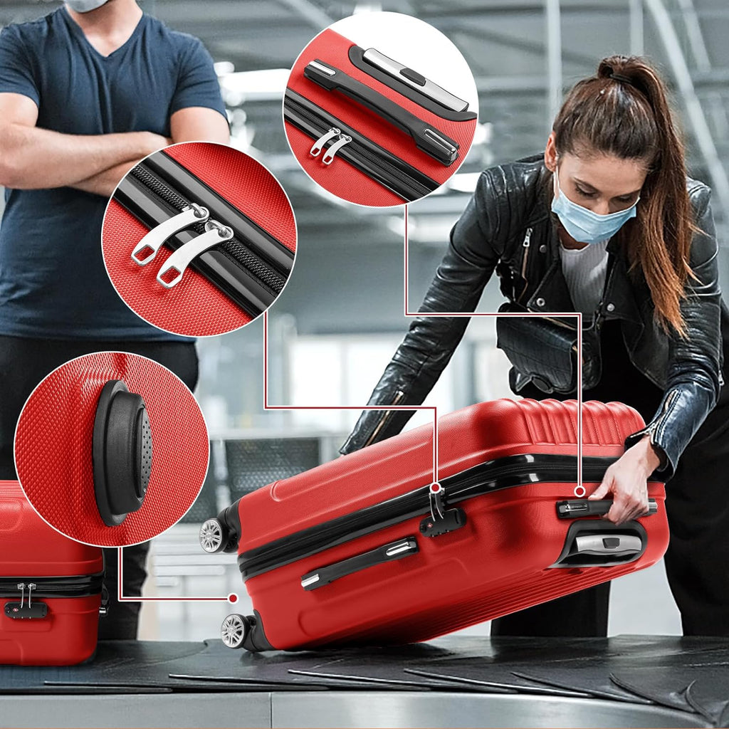 Business - Red (20/24/28) Luggage Set of 3 Hardside Carry on Suitcase Sets with Spinner Wheels & TSA lock, Portable Lightweight ABS Luggages for Travel