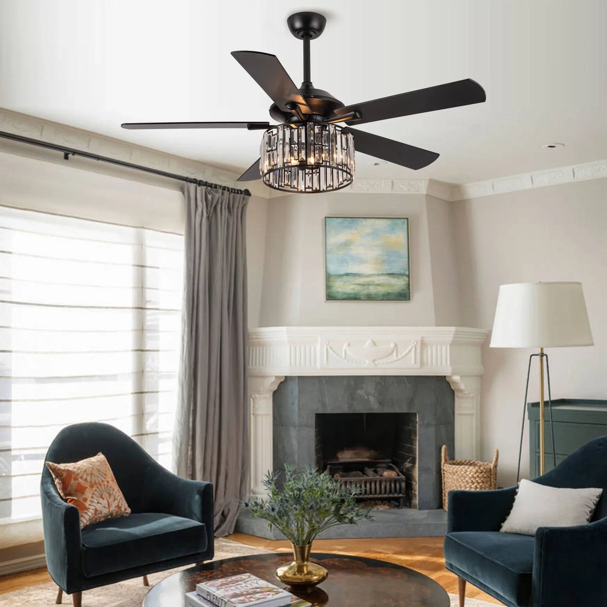 Parrot Uncle 52" Matte Midnight Wood 5-Blade Crystal Ceiling Fan with Remote