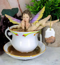 Ebros Magical Encounters Shocked Fairy Bathing In Tea Cup With Cracked Saucer Design Figurine 5" H Fantasy Collectible Tea Time Fairy With Tea Bag