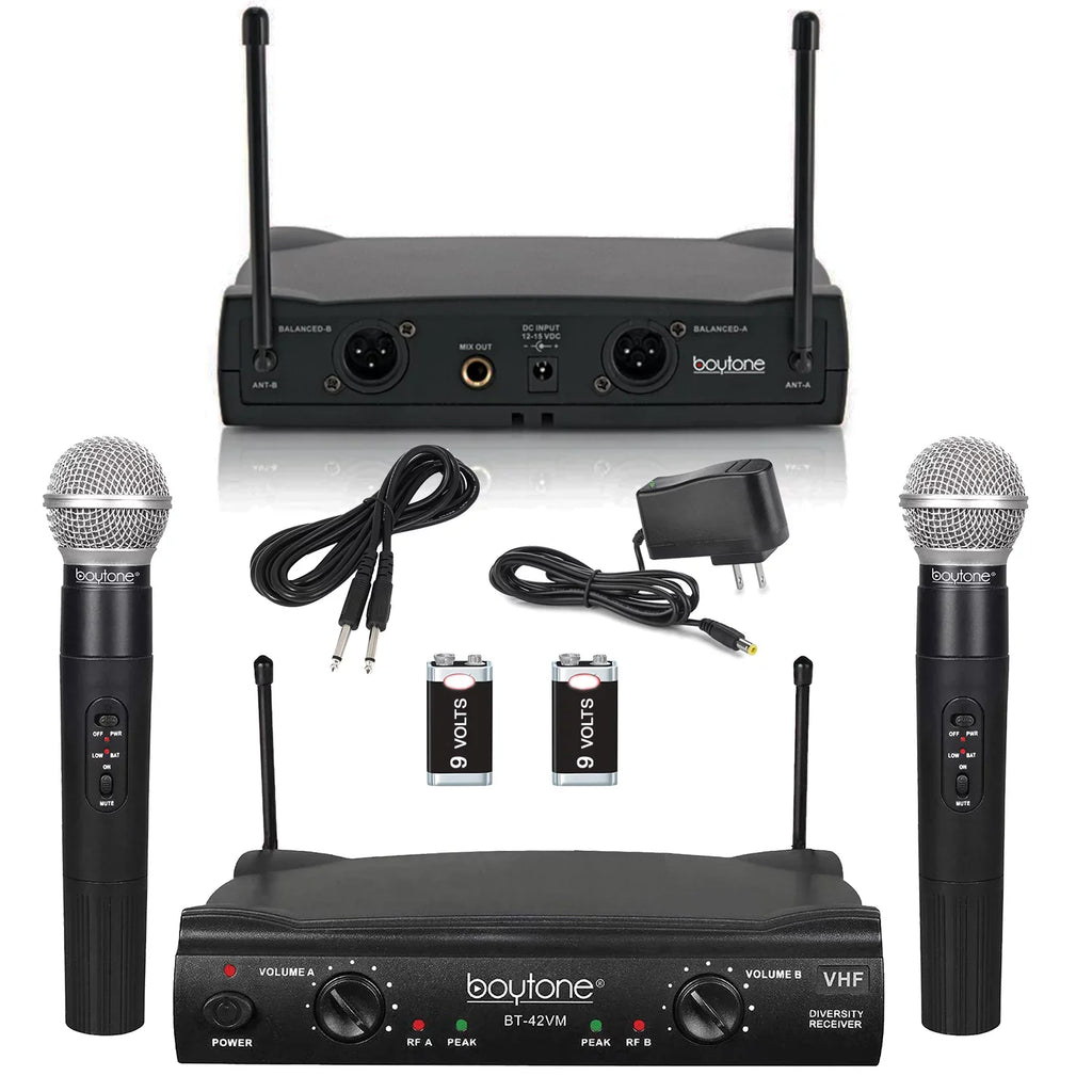 Boytone BT-42VM Dual Channel Wireless Microphone System - VHF Fixed Dual Frequency Wireless Mic Receiver, 2 Handheld Dynamic Transmitter Mics, for Karaoke, DJ, Church, Conference, Carrying Cases
