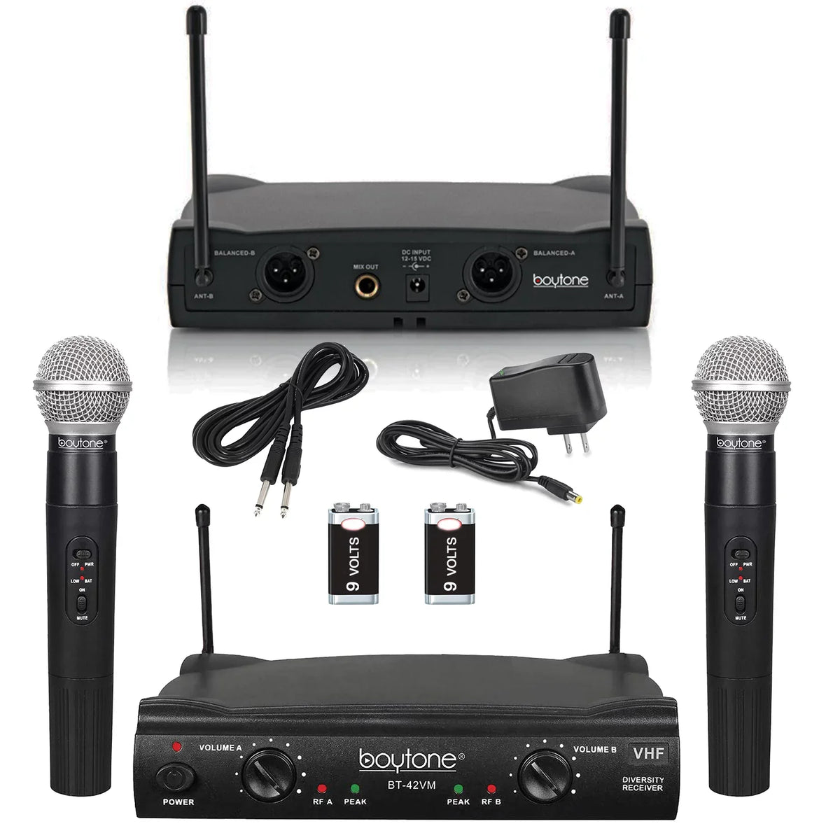 Boytone BT-42VM Dual Channel Wireless Microphone System - VHF Fixed Dual Frequency Wireless Mic Receiver, 2 Handheld Dynamic Transmitter Mics, for Karaoke, DJ, Church, Conference, Carrying Cases