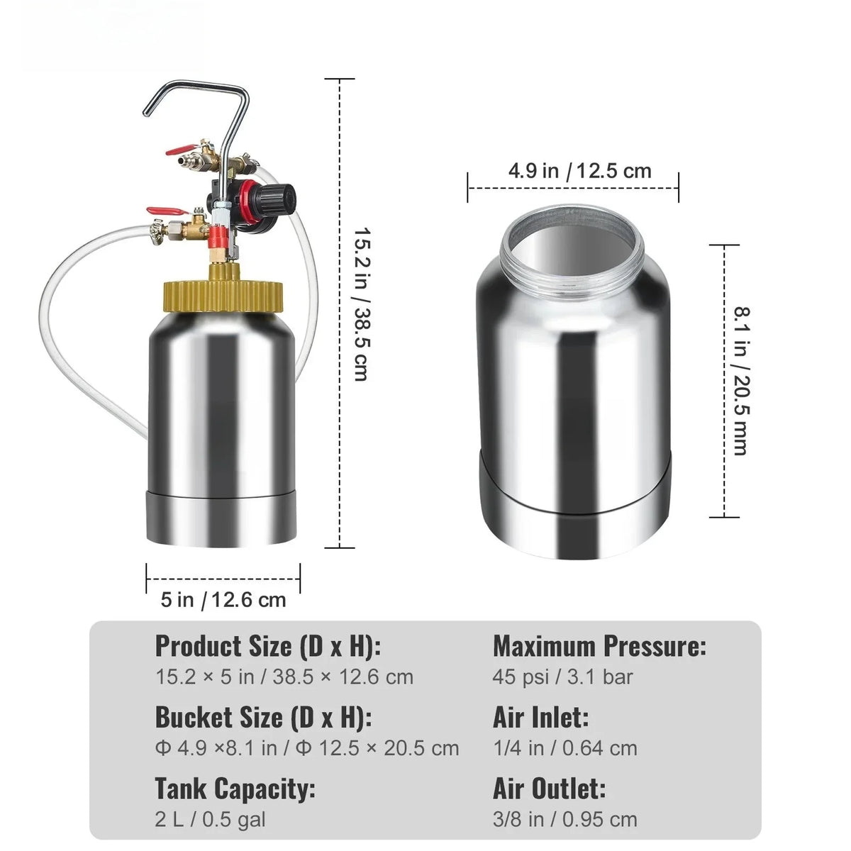 BENTISM Spray Paint Pressure Pot Tank, 2L/0.5gal Lightweight Air Paint Pressure Pot, 1.8mm Nozzle Spray Paint Gun 3m Hoses for Home Decoration Architecture Construction Automotive Painting, 45PSI Max