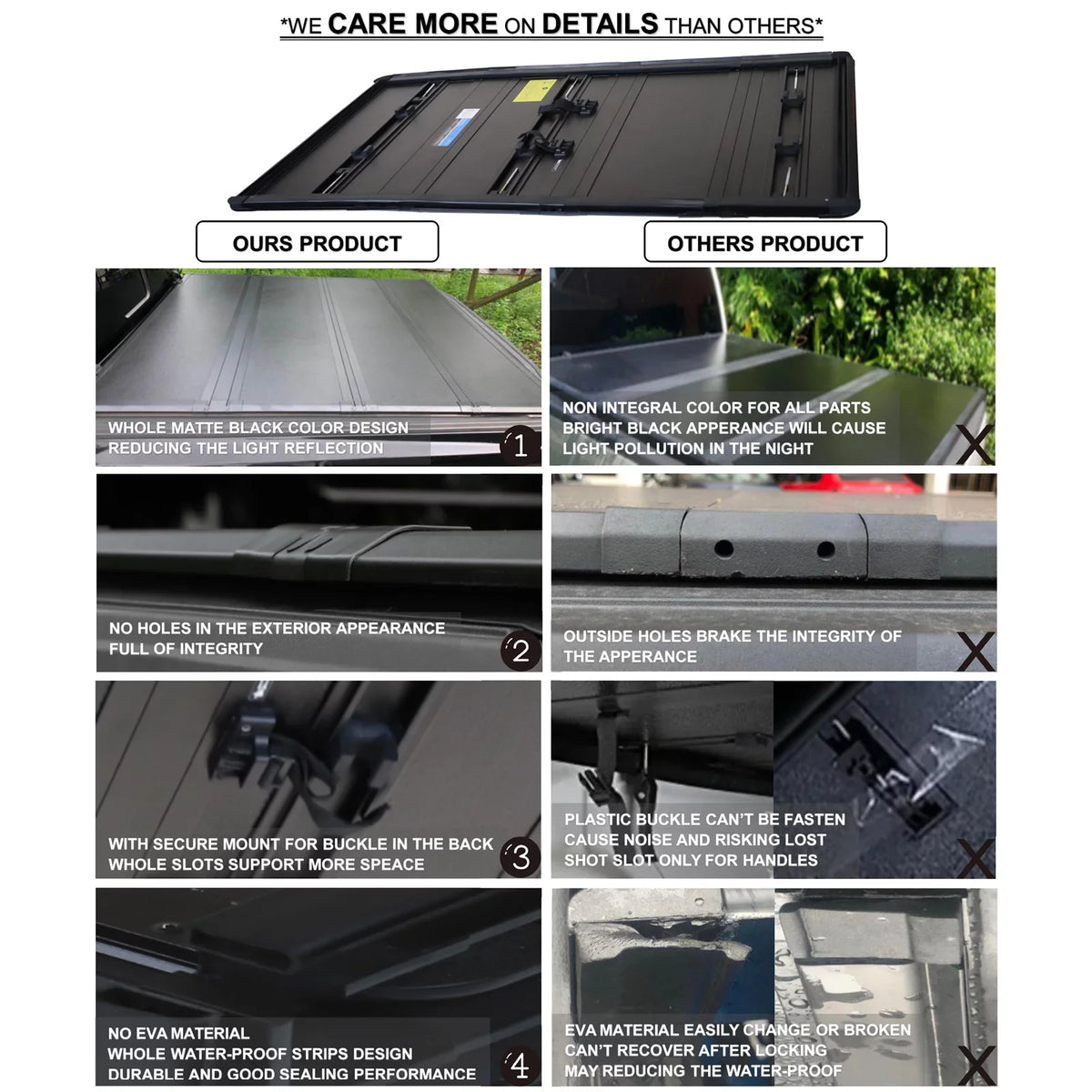 Mamoru Hard FRP Quad-Fold Solid Tonneau Cover Compatible with 2016 2017 2018 2019 2020 2021 2022 2023 Tacoma 6' / 73.7" Truck Bed Cover | Fit for Deck Rail System
