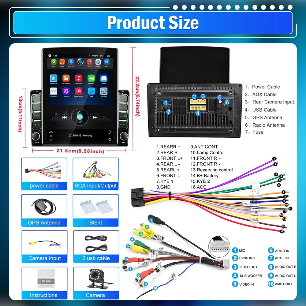 Podofo Double 2 Din 9.7 Centimeter Vertical Touch Screen Car Stereo Radio Android 12 Mirror Link GPS Navi Bluetooth Wifi GPS FM USB with Backup Camera