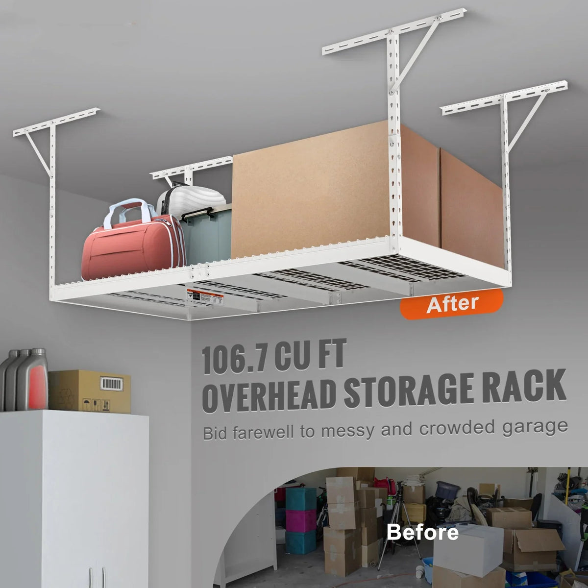 BENTISM Overhead Adjustable Garage Storage Rack 48x96in Ceiling Rack 600lbs White
