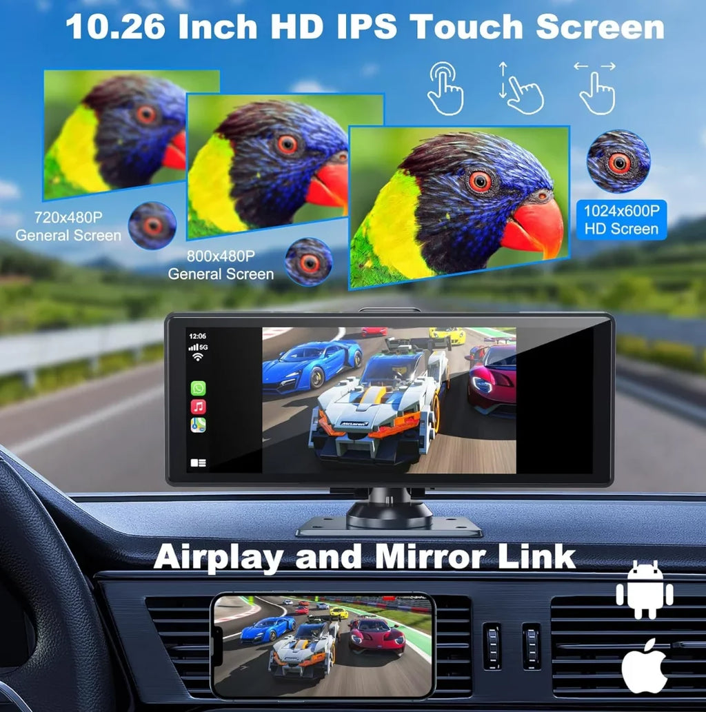 Portable Wireless Carplay& Android Auto Car Screen,10.26 Unit IPS Touchscreen with 4K Dashcam and HD Back-up Camera Support Bluetooth/Siri/Google/GPS/Mirror-Link