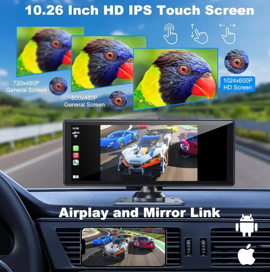 Portable Wireless Carplay& Android Auto Car Screen,10.26 Unit IPS Touchscreen with 4K Dashcam and HD Back-up Camera Support Bluetooth/Siri/Google/GPS/Mirror-Link