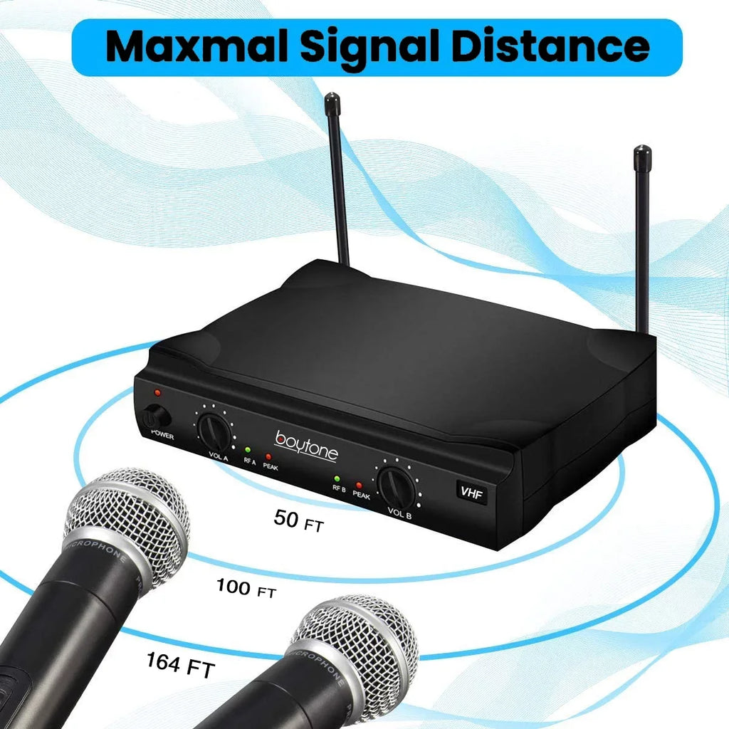 Boytone BT-42VM Dual Channel Wireless Microphone System - VHF Fixed Dual Frequency Wireless Mic Receiver, 2 Handheld Dynamic Transmitter Mics, for Karaoke, DJ, Church, Conference, Carrying Cases