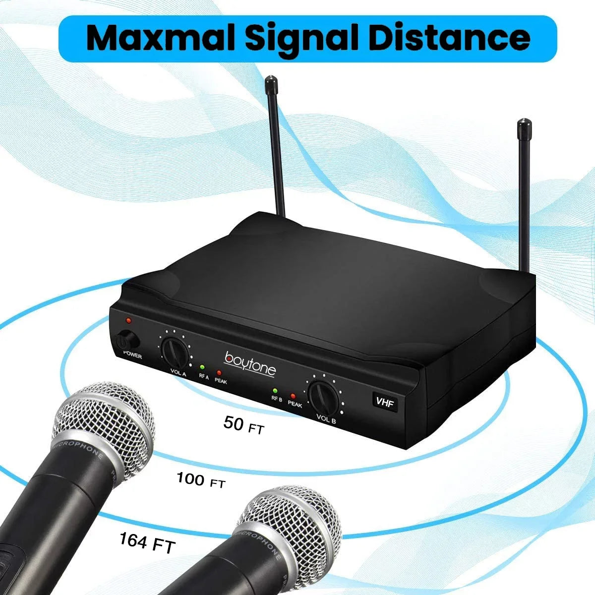Boytone BT-42VM Dual Channel Wireless Microphone System - VHF Fixed Dual Frequency Wireless Mic Receiver, 2 Handheld Dynamic Transmitter Mics, for Karaoke, DJ, Church, Conference, Carrying Cases