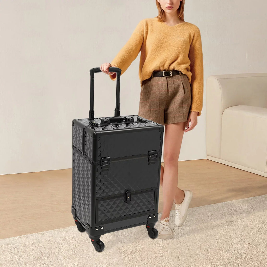 Aiqidi Rolling Makeup Train Case Wheeled Manicure Storage Case Trunk Nail Organizer Luggage Cart Salon Cosmetic Trolley Box Charcoal