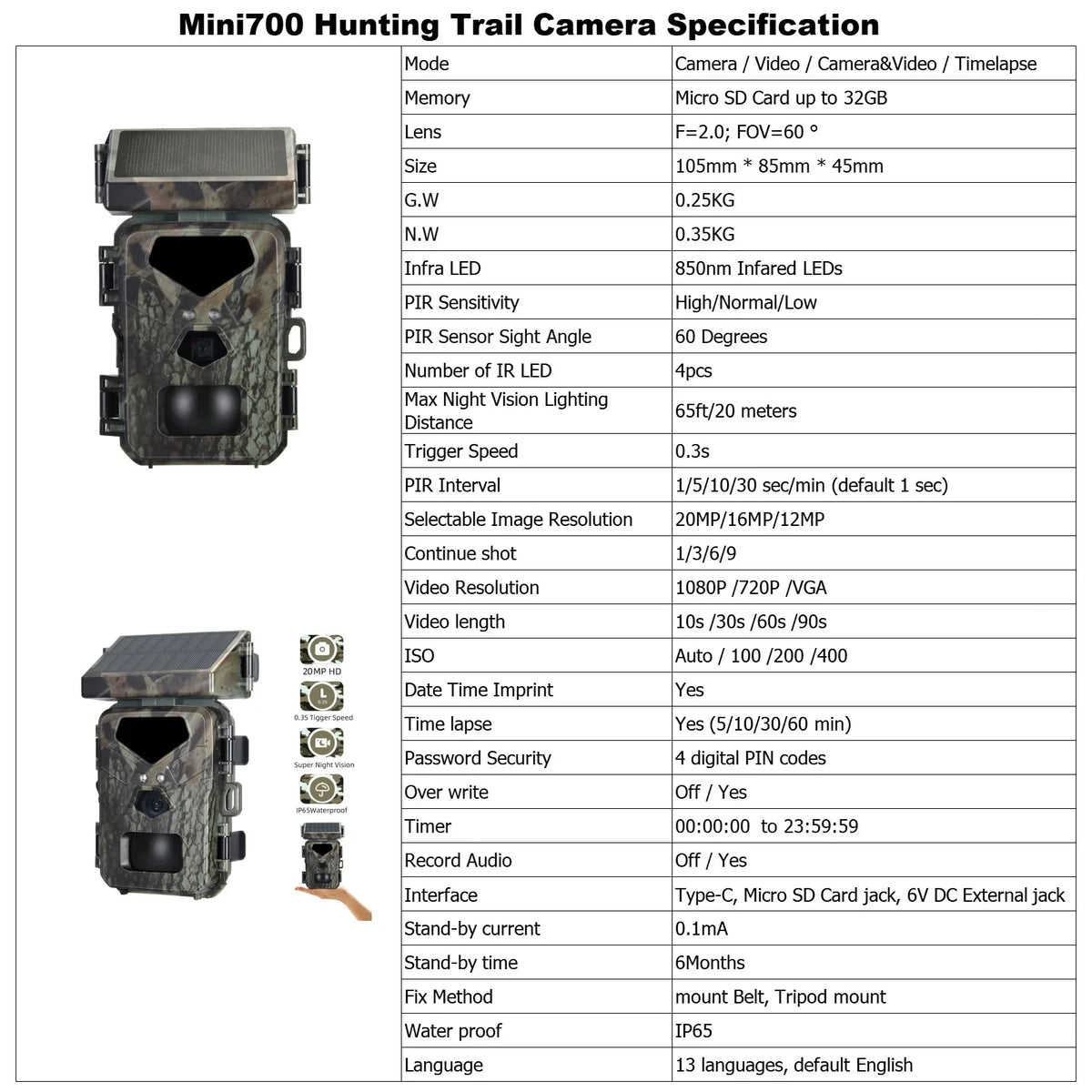 TOMSHOO Trail Camera Solar Powered 20MP 1080P Game Camera 0.3s Trigger Time Hunting Cam with Night Vision Motion Activated IP65 Waterproof Loop Recording for Wildlife