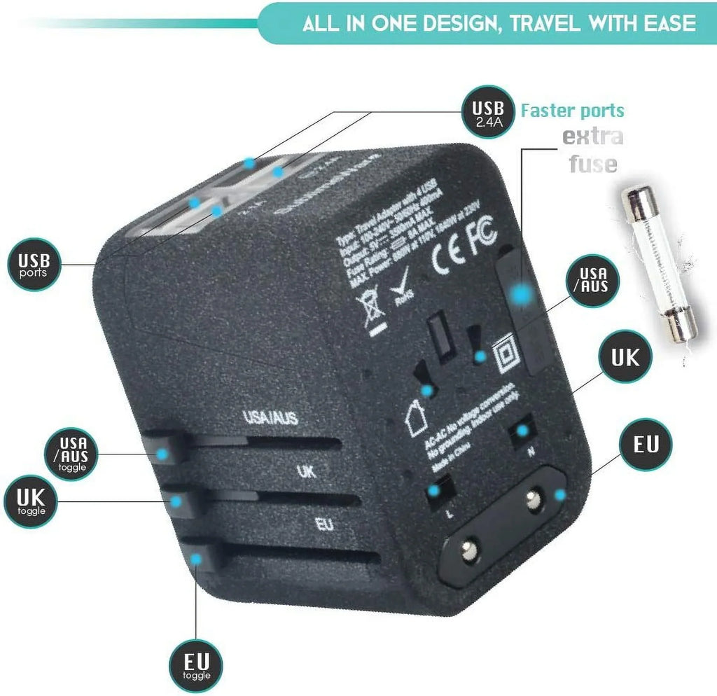 International Power Adapter for Travel Charcoal - 4 USB European Plug Adapter for 150+ Countries - for Europe UK America China Ireland Italy - Smart Charging 2.4A Travel Adapters by Sublimeware