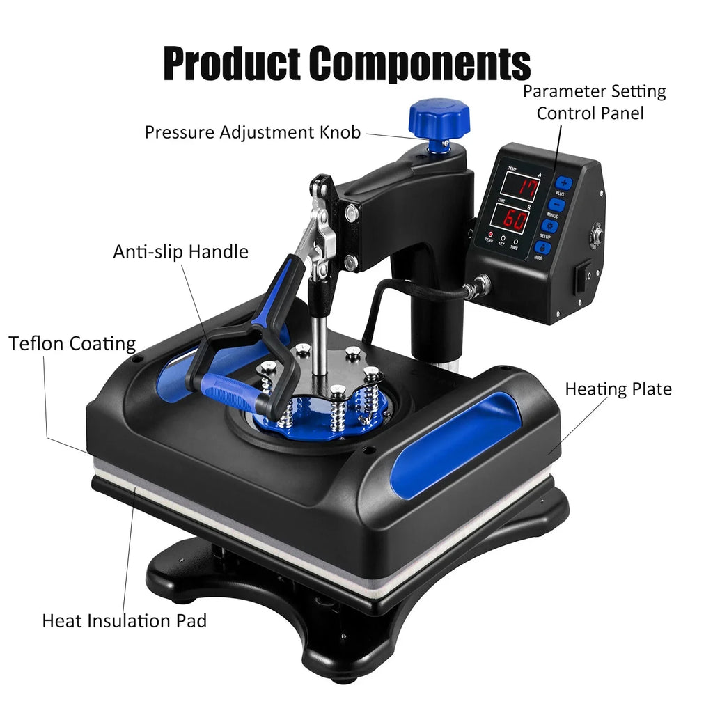 Blue Heat Press Machine 8 in 1, 15 x 15 Unit Sublimation Transfer Printer, Digital Precise LCD Control Printing, 360 Swing Away Vinyl Transfer Printer for T-Shirts, Canvas Bag, Pillow, Banner
