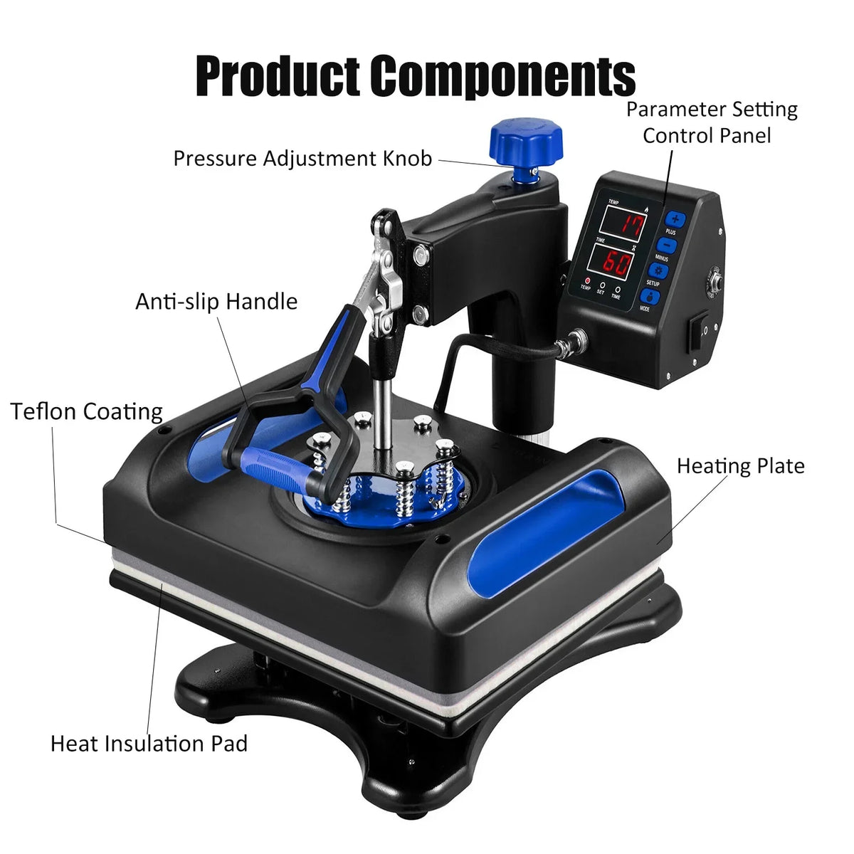 Blue Heat Press Machine 8 in 1, 15 x 15 Unit Sublimation Transfer Printer, Digital Precise LCD Control Printing, 360 Swing Away Vinyl Transfer Printer for T-Shirts, Canvas Bag, Pillow, Banner