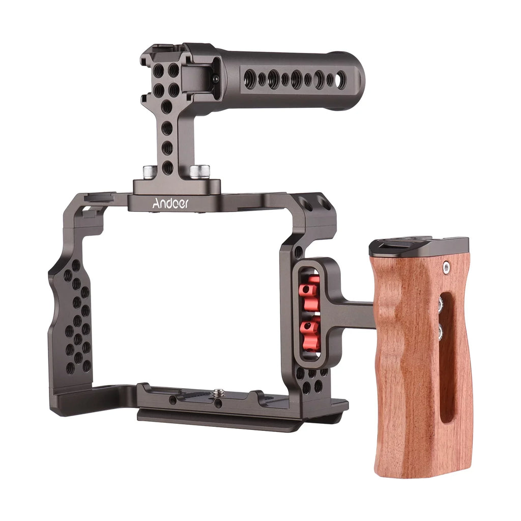 Walmeck Andoer Aluminum Alloy Cage Kit with Video Rig Handle Wooden Grip Replacement for Sony A7R III/ A7 II/ A7III