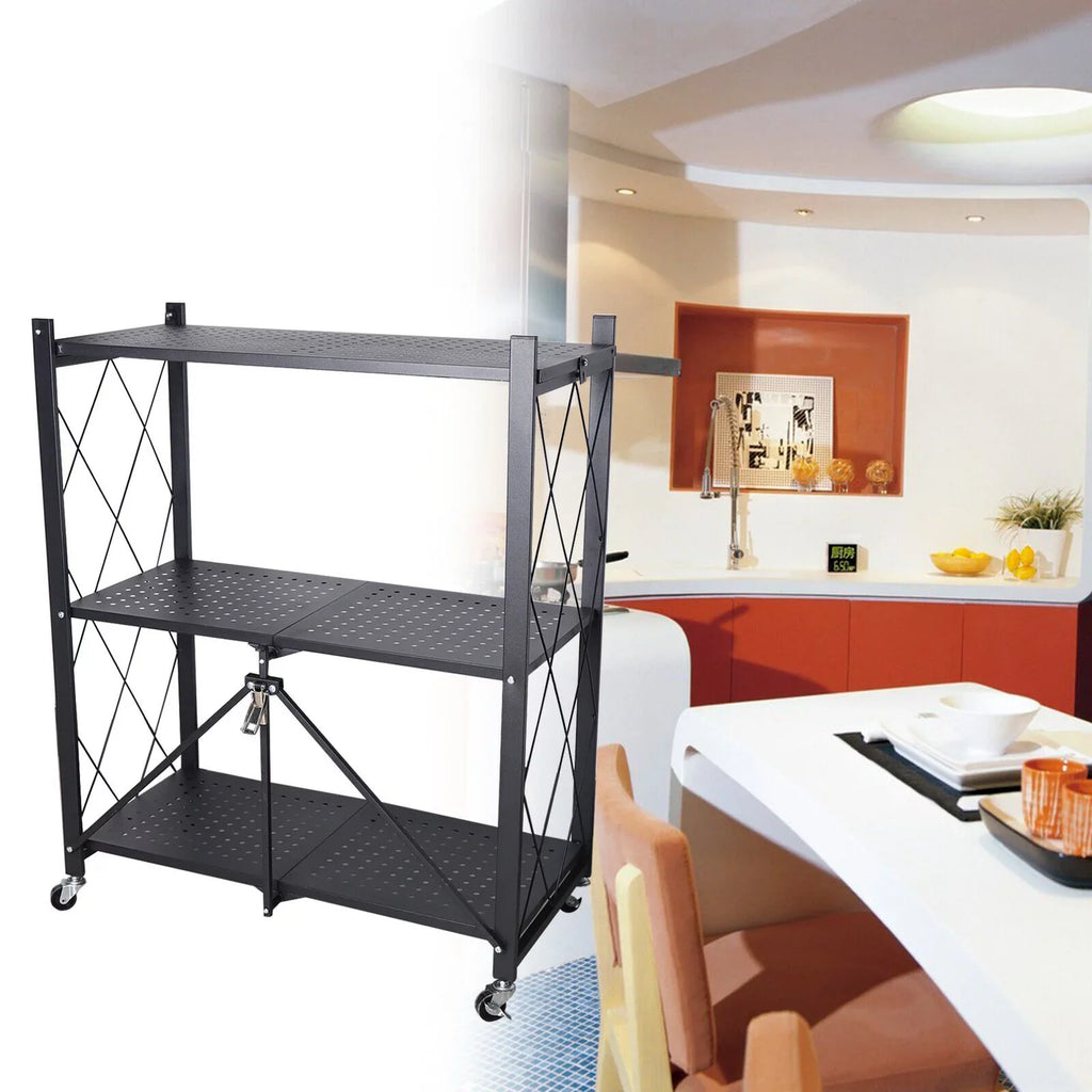 Miumaeov 3-Tier Kitchen Foldable Metal Rolling Trolley Cart Movable Utility Rack Storage Shelves Holder with Wheel Midnight
