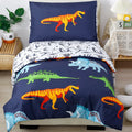 PERFEMET 4-Piece Toddler Bedding Set - Ultra Soft Cartoon Jurassic Dinosaur Print Boys Toddler Comforter Set - Include Comforter, Flat Sheet, Fitted Sheet and Reversible Pillowcase, Blue Dinosaur