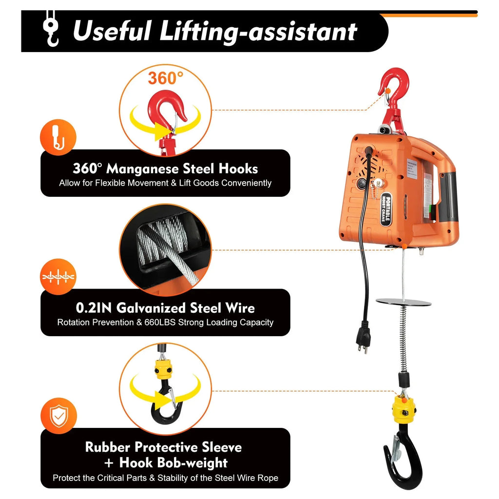 Portable 3-in-1 Electric Inch 300kg/660 lbs Hoist Unit Crane Lift W/ Remote
