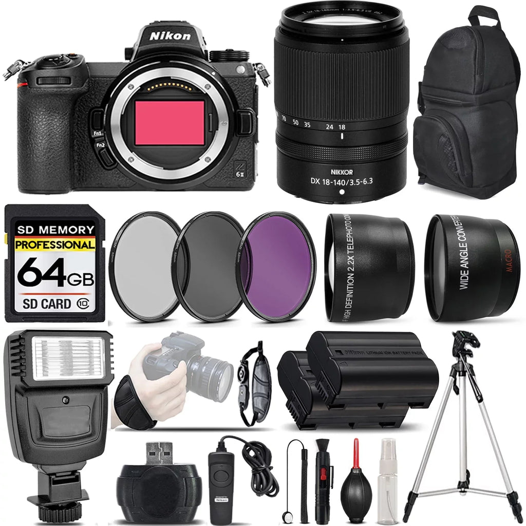 Nikon Z6 II Digital Camera + Nikon 18-140mm VR Lens + Flash + 0.43x Wide Angle Lens + 2.2x Telephoto Lens + 64GB Class 10 Memory Card + UV-CPL-FLD Filters + Wireless Remte - International Version