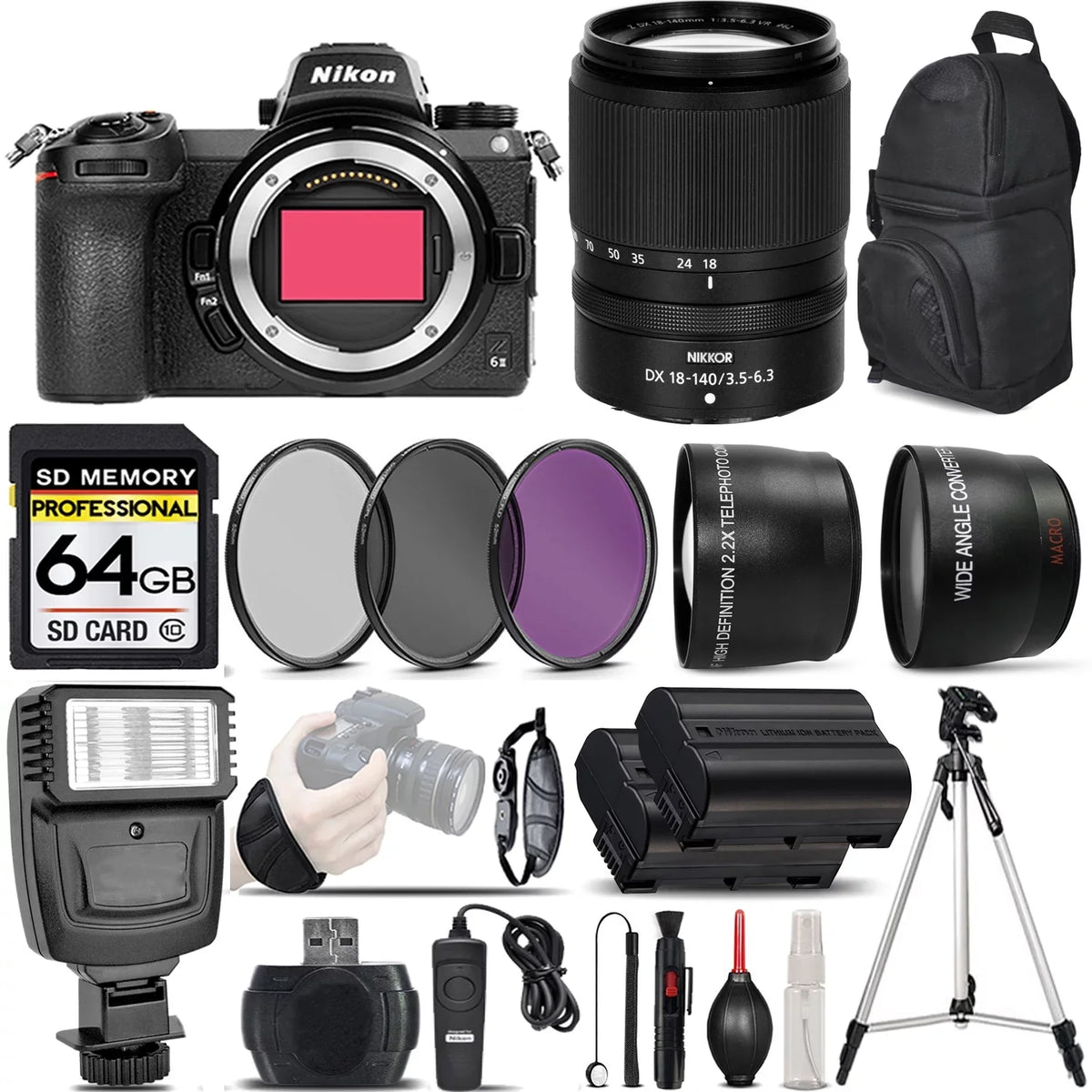 Nikon Z6 II Digital Camera + Nikon 18-140mm VR Lens + Flash + 0.43x Wide Angle Lens + 2.2x Telephoto Lens + 64GB Class 10 Memory Card + UV-CPL-FLD Filters + Wireless Remte - International Version