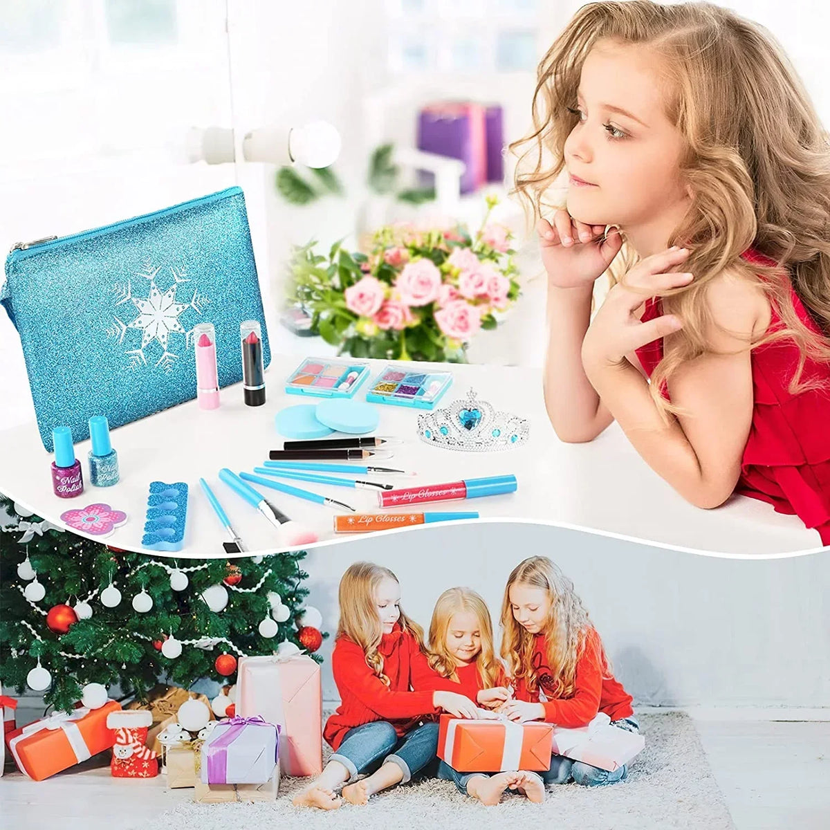 Kids Makeup Kit for Girls, 24 Pcs Washable Makeup Kit Real Cosmetic Toy with Bag, Safe & Non-Toxic Frozen Makeup Set for Princess, Toddler Makeup Set Kids Toys for 3-12 Years Old Girls Gift (Blue)