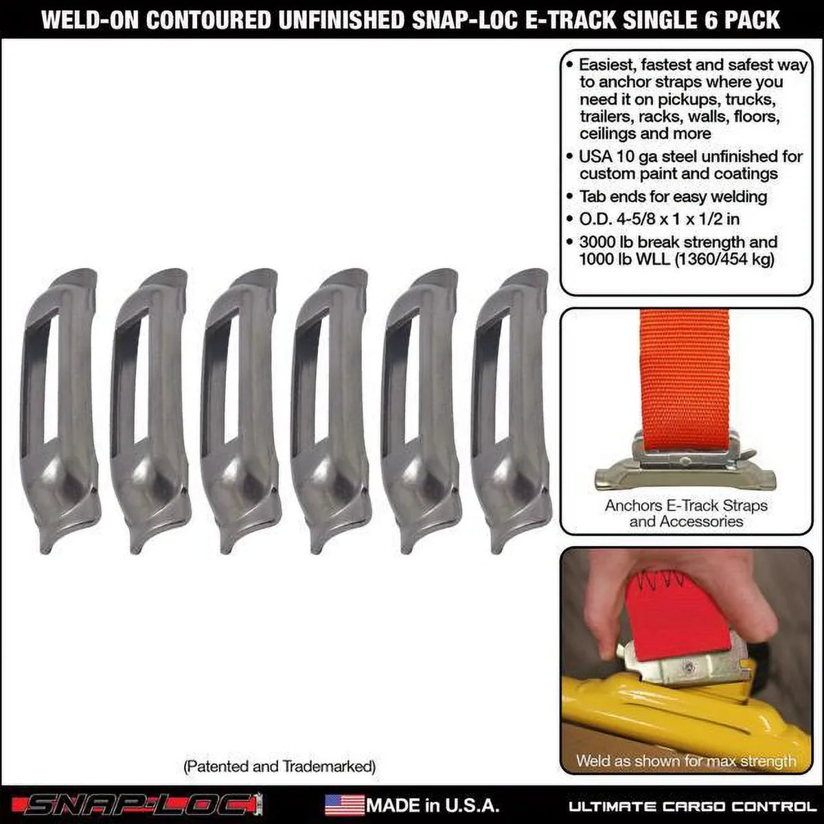 Weld-On Contoured Unfinished SNAP-LOC E-Track Single Strap Anchor 6-Pack (zinc rust protection), Logistic Tie-Down for Pickups, Trucks, Trailers